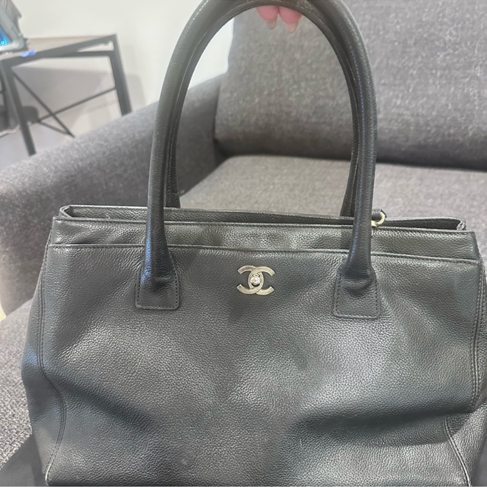 CHANEL Black Leather Double-Handle Tote with Silver CC Accent